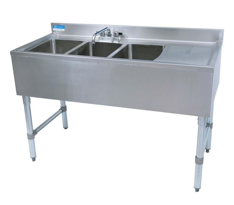 BK Resources BKUBS-348RS 48" Underbar Sink with 3 Bowls and 1 Faucet with Right Drainboard