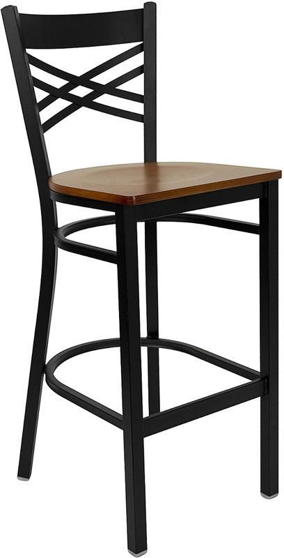 HERCULES Series Black ''X'' Back Metal Restaurant Bar Stool with Cherry Wood Seat XU-6F8BXBK-BAR-CHYW-GG by Flash Furniture