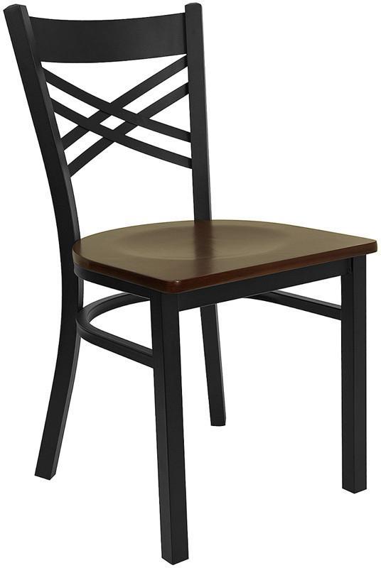 HERCULES Series Black ''X'' Back Metal Restaurant Chair with Mahogany Wood Seat XU-6FOBXBK-MAHW-GG by Flash Furniture