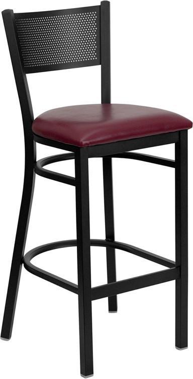 HERCULES Series Black Grid Back Metal Restaurant Bar Stool with Burgundy Vinyl Seat XU-DG-60116-GRD-BAR-BURV-GG by Flash Furniture