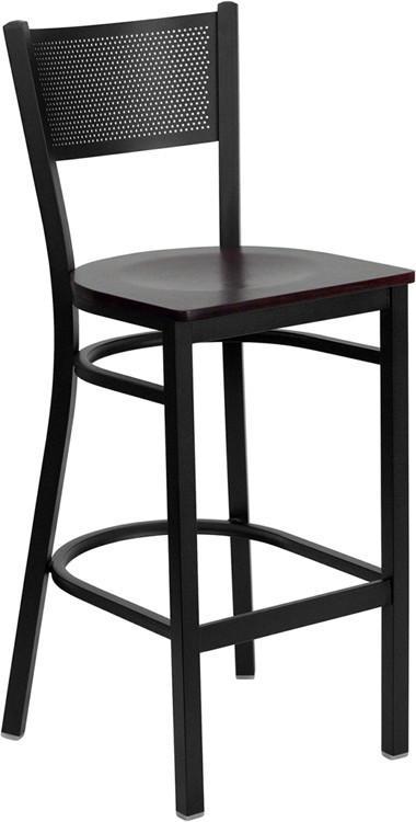 HERCULES Series Black Grid Back Metal Restaurant Bar Stool with Mahogany Wood Seat XU-DG-60116-GRD-BAR-MAHW-GG by Flash Furniture