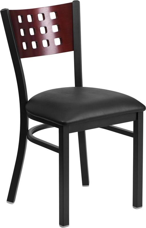 Flash Furniture XU-DG-60117-MAH-BLKV-GG HERCULES Series Black Decorative Cutout Back Metal Restaurant Chair - Mahogany Wood Back, Black Vinyl Seat