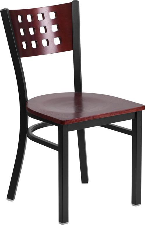 Flash Furniture XU-DG-60117-MAH-MTL-GG HERCULES Series Black Decorative Cutout Back Metal Restaurant Chair - Mahogany Wood Back & Seat