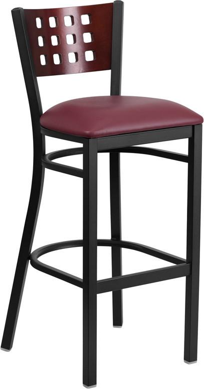 Flash Furniture XU-DG-60118-MAH-BAR-BURV-GG HERCULES Series Black Decorative Cutout Back Metal Restaurant Barstool - Mahogany Wood Back, Burgundy Vinyl Seat