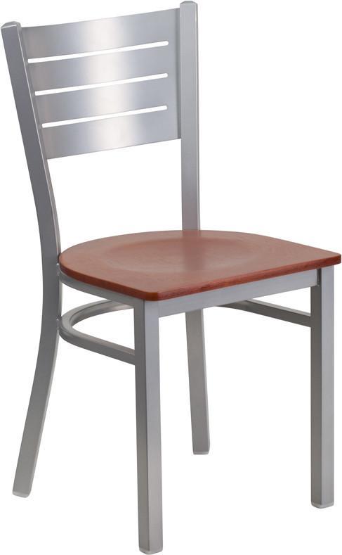 Flash Furniture XU-DG-60401-CHYW-GG HERCULES Series Silver Slat Back Metal Restaurant Chair - Cherry Wood Seat