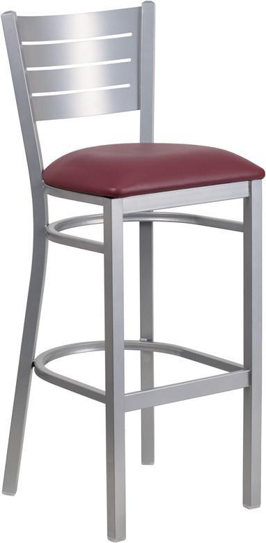 Flash Furniture XU-DG-60402-BAR-BURV-GG HERCULES Series Silver Slat Back Metal Restaurant Barstool - Burgundy Vinyl Seat