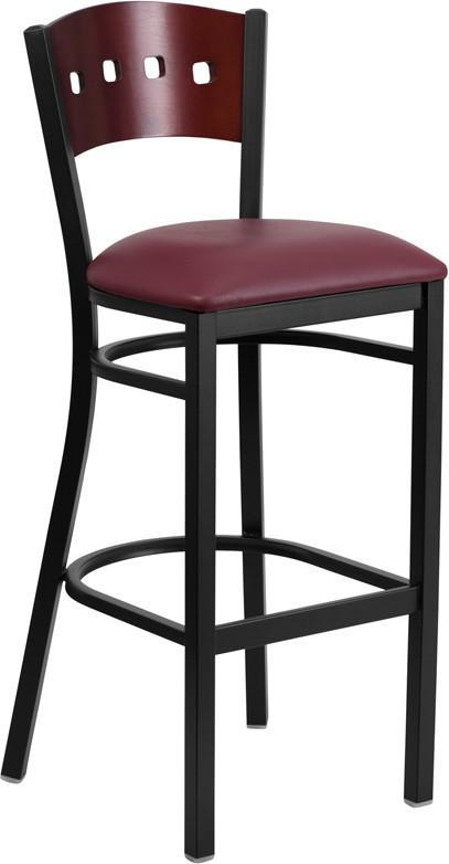 Flash Furniture XU-DG-60515-MAH-BAR-BURV-GG HERCULES Series Black Decorative 4 Square Back Metal Restaurant Barstool - Mahogany Wood Back, Burgundy Vinyl Seat