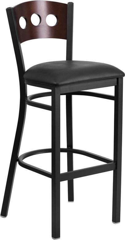 Flash Furniture XU-DG-60516-WAL-BAR-BLKV-GG HERCULES Series Black Decorative 3 Circle Back Metal Restaurant Barstool - Walnut Wood Back, Black Vinyl Seat