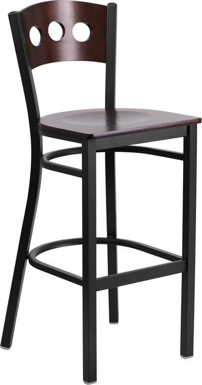 Flash Furniture XU-DG-60516-WAL-BAR-MTL-GG HERCULES Series Black Decorative 3 Circle Back Metal Restaurant Barstool - Walnut Wood Back & Seat