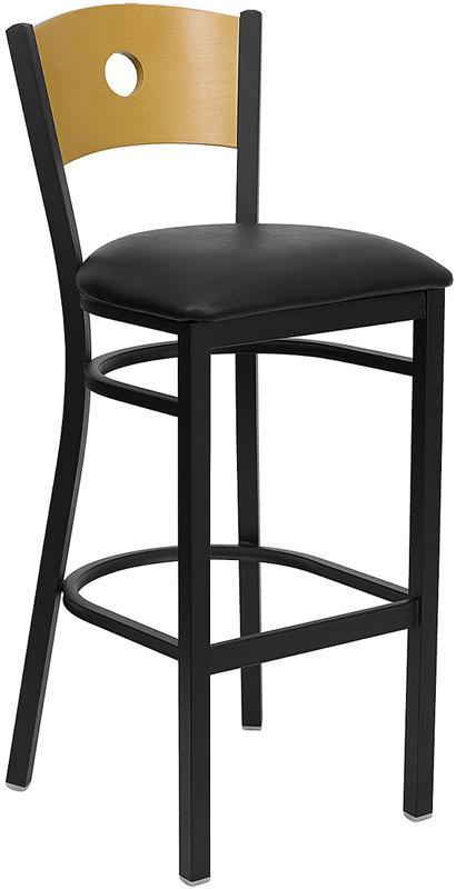 HERCULES Series Black Circle Back Metal Restaurant Bar Stool with Natural Wood Back & Black Vinyl Seat XU-DG-6F6B-CIR-BAR-BLKV-GG by Flash Furniture