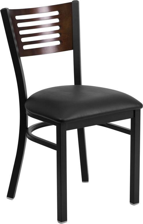 Flash Furniture XU-DG-6G5B-WAL-BLKV-GG HERCULES Series Black Decorative Slat Back Metal Restaurant Chair - Walnut Wood Back, Black Vinyl Seat