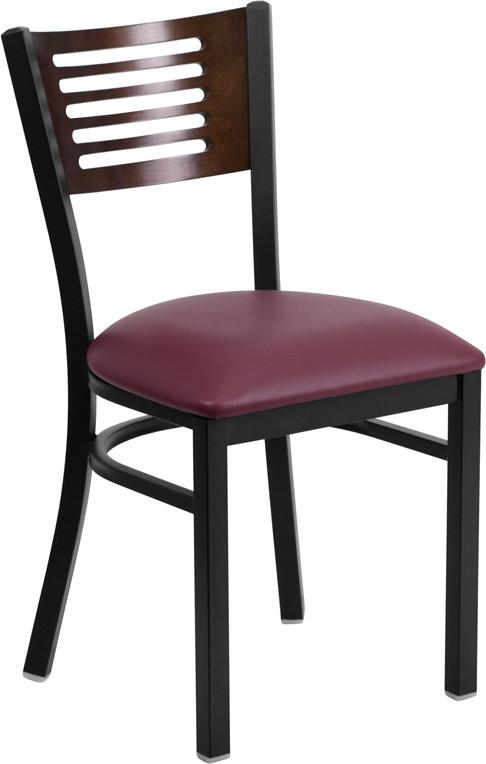 Flash Furniture XU-DG-6G5B-WAL-BURV-GG HERCULES Series Black Decorative Slat Back Metal Restaurant Chair - Walnut Wood Back, Burgundy Vinyl Seat