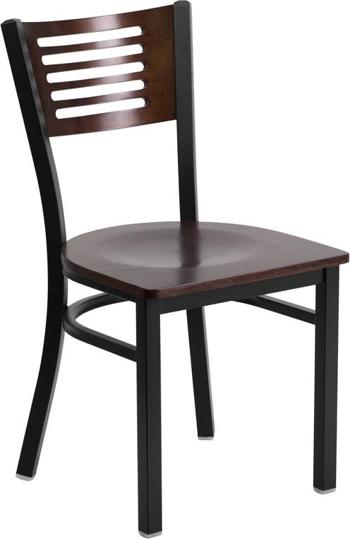 Flash Furniture XU-DG-6G5B-WAL-MTL-GG HERCULES Series Black Decorative Slat Back Metal Restaurant Chair - Walnut Wood Back & Seat