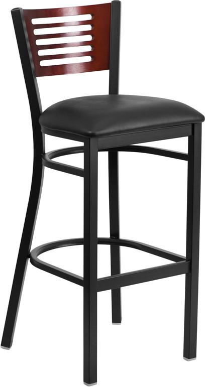 Flash Furniture XU-DG-6H1B-MAH-BAR-BLKV-GG HERCULES Series Black Decorative Slat Back Metal Restaurant Barstool - Mahogany Wood Back, Black Vinyl Seat