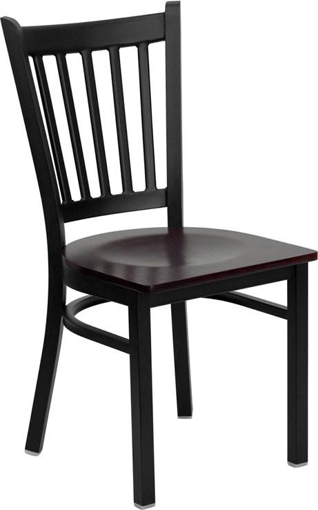 HERCULES Series Black Vertical Back Metal Restaurant Chair with Mahogany Wood Seat XU-DG-6Q2B-VRT-MAHW-GG by Flash Furniture