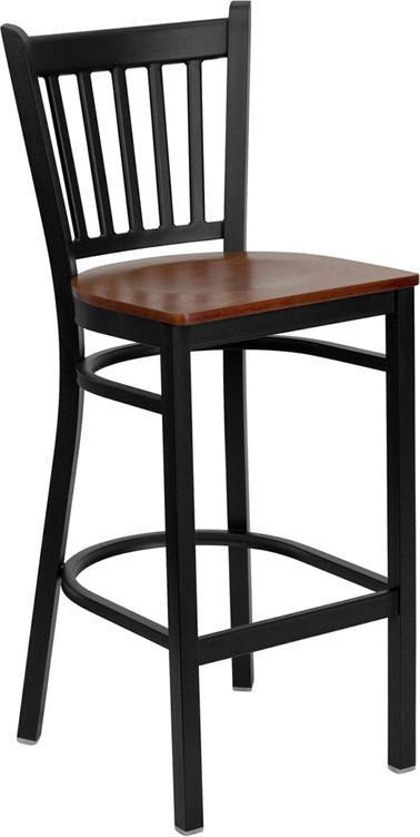 HERCULES Series Black Vertical Back Metal Restaurant Bar Stool with Cherry Wood Seat XU-DG-6R6B-VRT-BAR-CHYW-GG by Flash Furniture