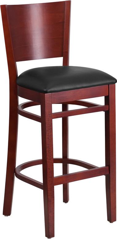 Flash Furniture XU-DG-W0094BAR-MAH-BLKV-GG Lacey Series Solid Back Mahogany Wooden Restaurant Barstool - Black Vinyl Seat