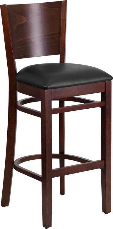 Flash Furniture XU-DG-W0094BAR-WAL-BLKV-GG Lacey Series Solid Back Walnut Wooden Restaurant Barstool - Black Vinyl Seat