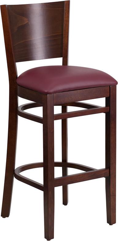 Flash Furniture XU-DG-W0094BAR-WAL-BURV-GG Lacey Series Solid Back Walnut Wooden Restaurant Barstool - Burgundy Vinyl Seat