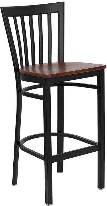 HERCULES Series Black School House Back Metal Restaurant Bar Stool with Cherry Wood Seat XU-DG6R8BSCH-BAR-CHYW-GG by Flash Furniture