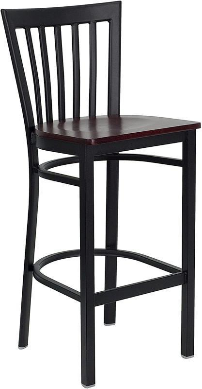 HERCULES Series Black School House Back Metal Restaurant Bar Stool with Mahogany Wood Seat XU-DG6R8BSCH-BAR-MAHW-GG by Flash Furniture