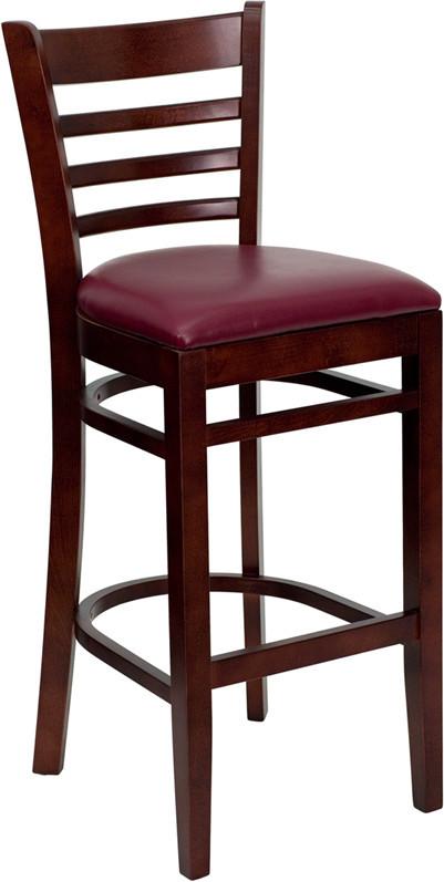 HERCULES Series Mahogany Finished Ladder Back Wooden Restaurant Bar Stool with Burgundy Vinyl Seat XU-DGW0005BARLAD-MAH-BURV-GG by Flash Furniture