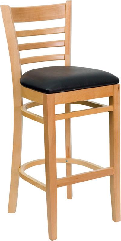 HERCULES Series Natural Wood Finished Ladder Back Wooden Restaurant Bar Stool with Black Vinyl Seat XU-DGW0005BARLAD-NAT-BLKV-GG by Flash Furniture