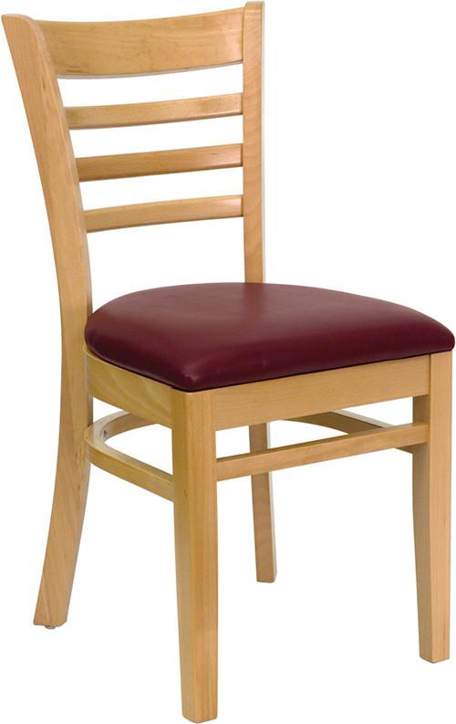 HERCULES Series Natural Wood Finished Ladder Back Wooden Restaurant Chair with Burgundy Vinyl Seat XU-DGW0005LAD-NAT-BURV-GG by Flash Furniture