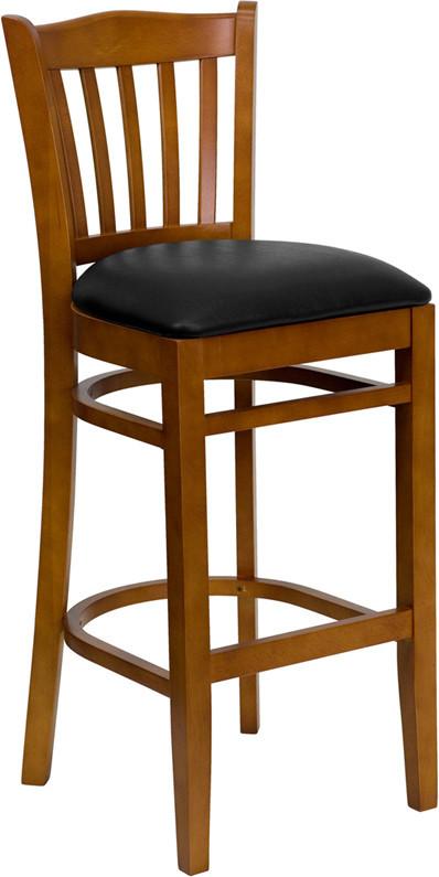 HERCULES Series Cherry Finished Vertical Slat Back Wooden Restaurant Bar Stool with Black Vinyl Seat XU-DGW0008BARVRT-CHY-BLKV-GG by Flash Furniture