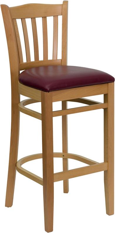 HERCULES Series Natural Wood Finished Vertical Slat Back Wooden Restaurant Bar Stool with Burgundy Vinyl Seat XU-DGW0008BARVRT-NAT-BURV-GG by Flash Furniture