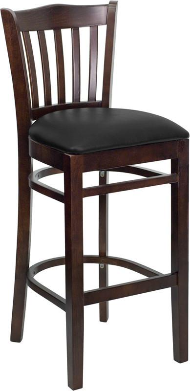 HERCULES Series Walnut Finished Vertical Slat Back Wooden Restaurant Bar Stool with Black Vinyl Seat XU-DGW0008BARVRT-WAL-BLKV-GG by Flash Furniture