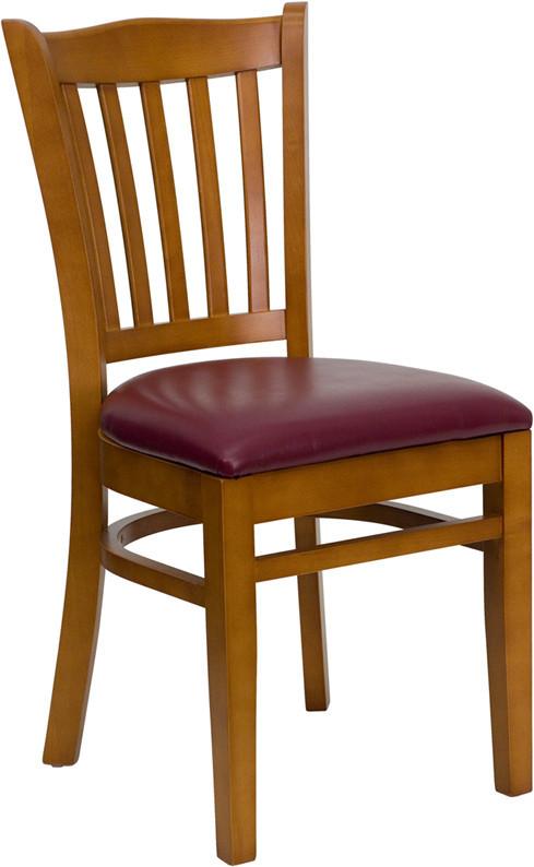 HERCULES Series Cherry Finished Vertical Slat Back Wooden Restaurant Chair with Burgundy Vinyl Seat XU-DGW0008VRT-CHY-BURV-GG by Flash Furniture