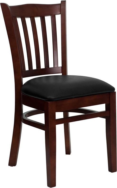 HERCULES Series Mahogany Finished Vertical Slat Back Wooden Restaurant Chair with Black Vinyl Seat XU-DGW0008VRT-MAH-BLKV-GG by Flash Furniture