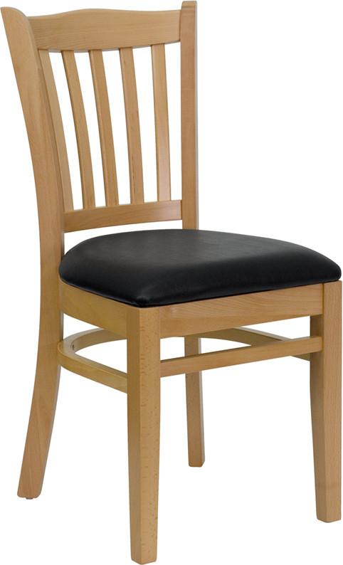 HERCULES Series Natural Wood Finished Vertical Slat Back Wooden Restaurant Chair with Black Vinyl Seat XU-DGW0008VRT-NAT-BLKV-GG by Flash Furniture