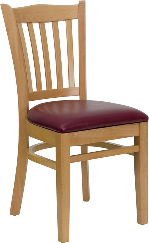 HERCULES Series Natural Wood Finished Vertical Slat Back Wooden Restaurant Chair with Burgundy Vinyl Seat XU-DGW0008VRT-NAT-BURV-GG by Flash Furniture